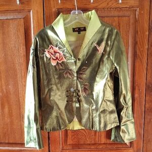 Green Embroidered Special Occasion Satin Jacket Da Mu Tang Zhuang